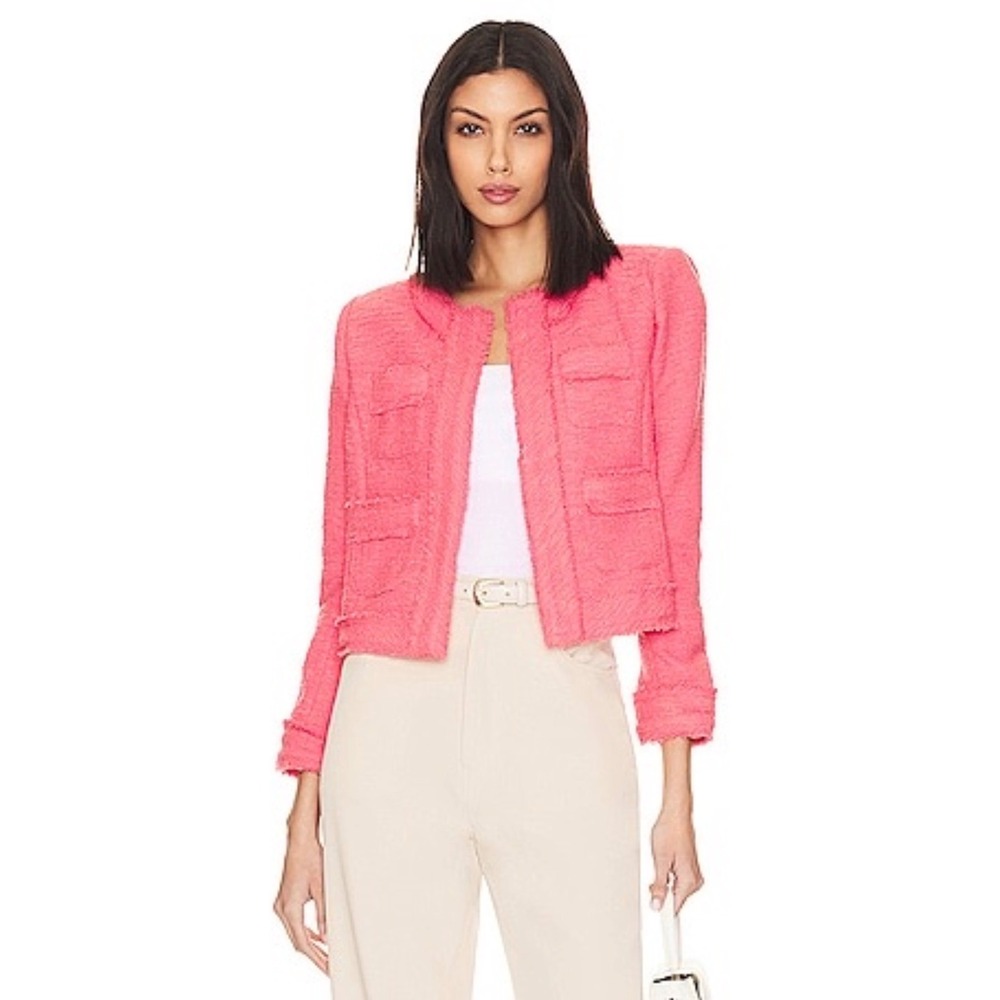L'AGENCE Kenzie Hot Pink Boucle Blazer Jacket Frayed Trim Womens 6 Old Money